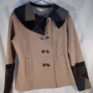 Carson Womens Tan Wool Jacket Assymetrical Patchwork Collar/sleeves Unique M